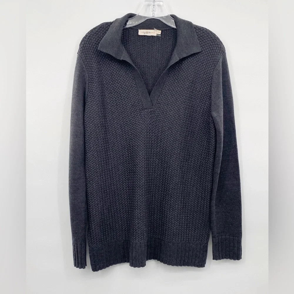 Tory Burch Charcoal Gray Henley Melange Classic Wool Honeycomb Sweater size M